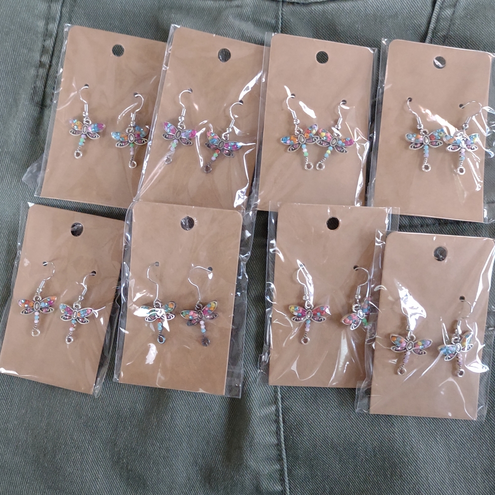 8 Handmade Silver Toned Colorful Dragonfly Earring Sets